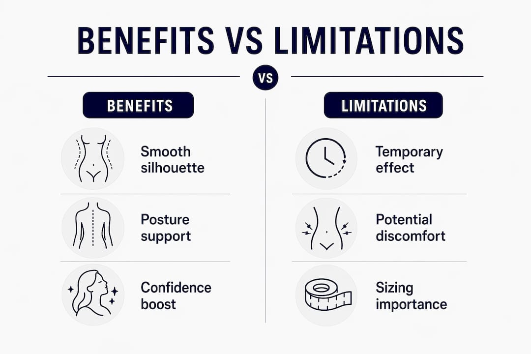 Infographic comparing benefits and limitations of body suit shapewear