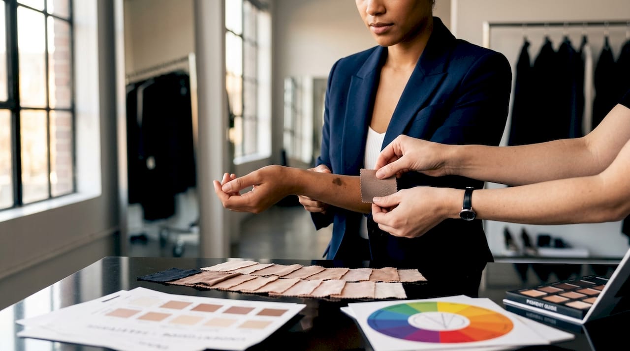 Hands matching fabric swatches to skin undertone