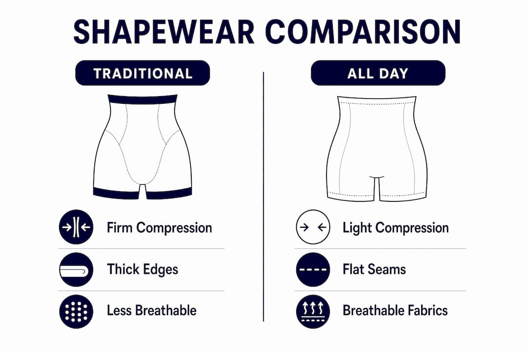 Infographic comparing traditional and all day shapewear features