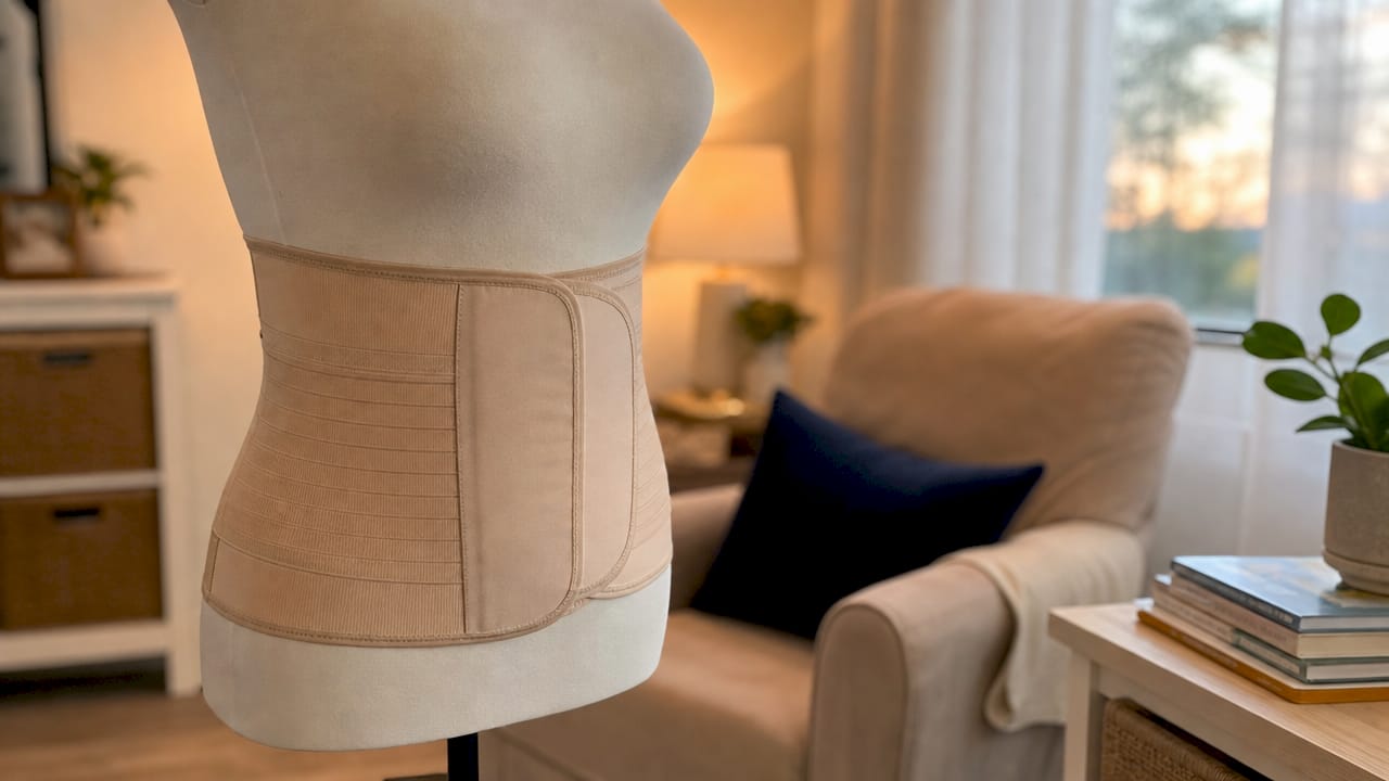 Close-up of postpartum abdominal binder on mannequin torso