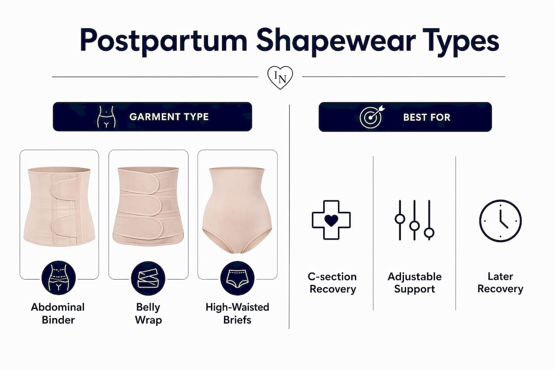 Infographic comparing postpartum shapewear types