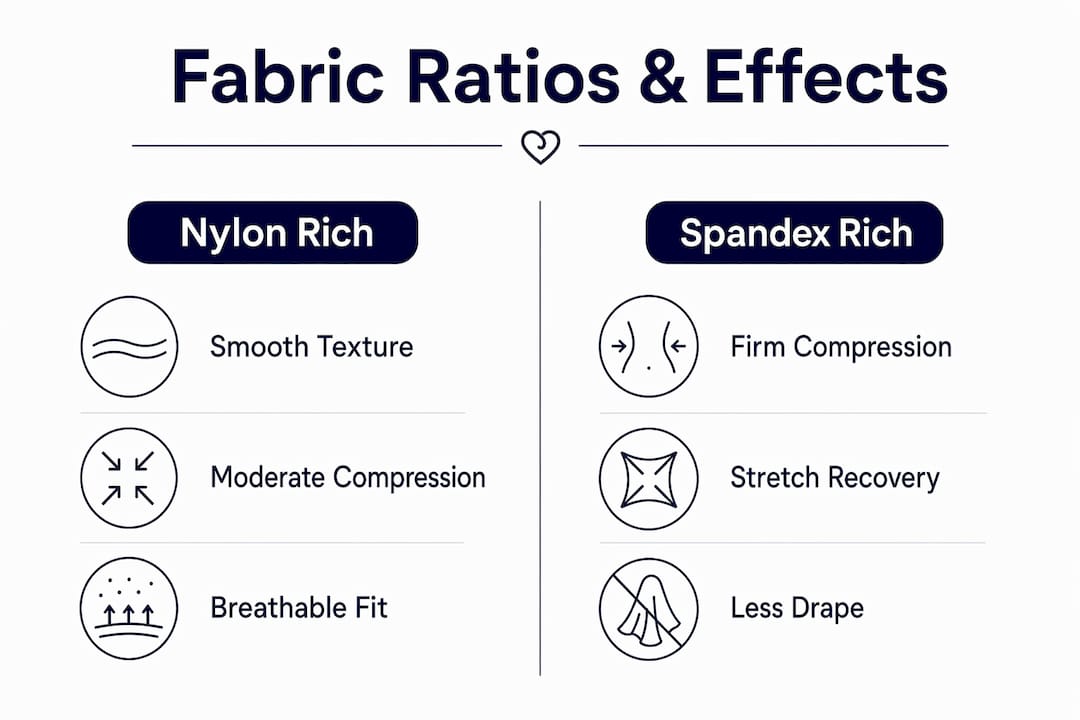 Infographic comparing nylon rich vs spandex rich shapewear
