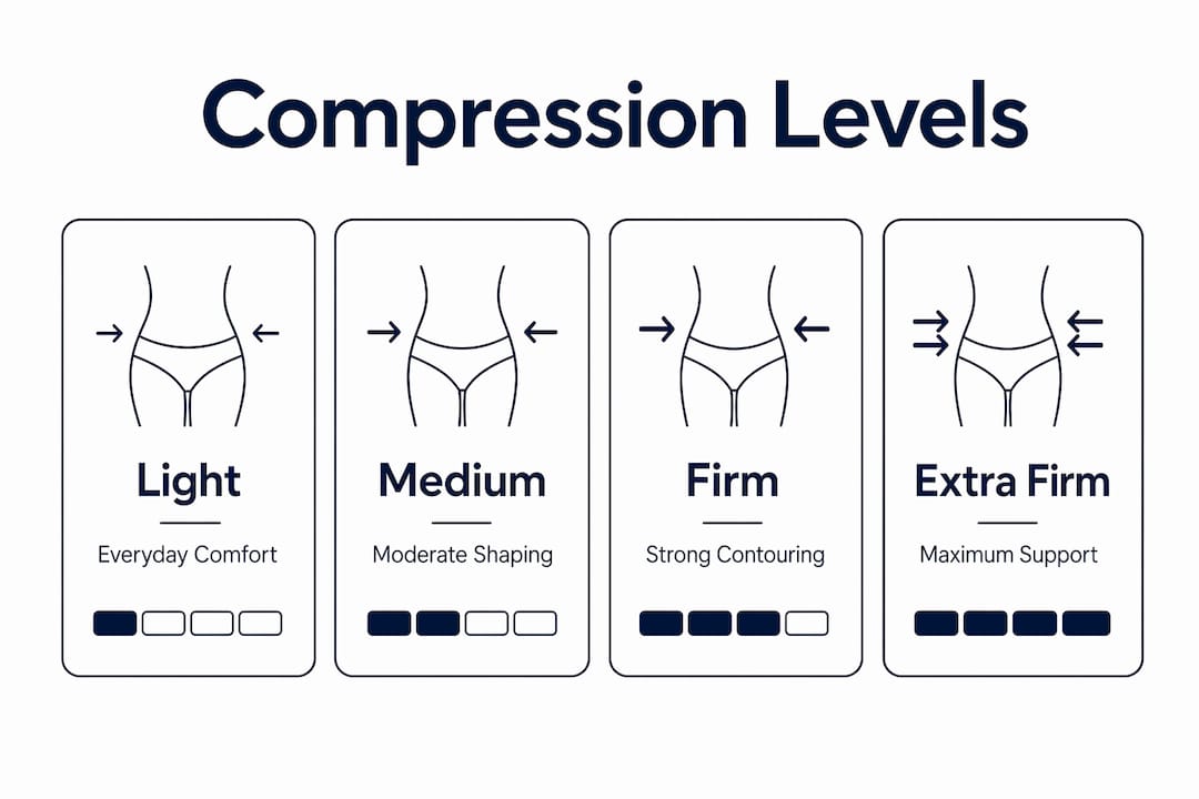 Infographic displays shapewear compression levels with categories