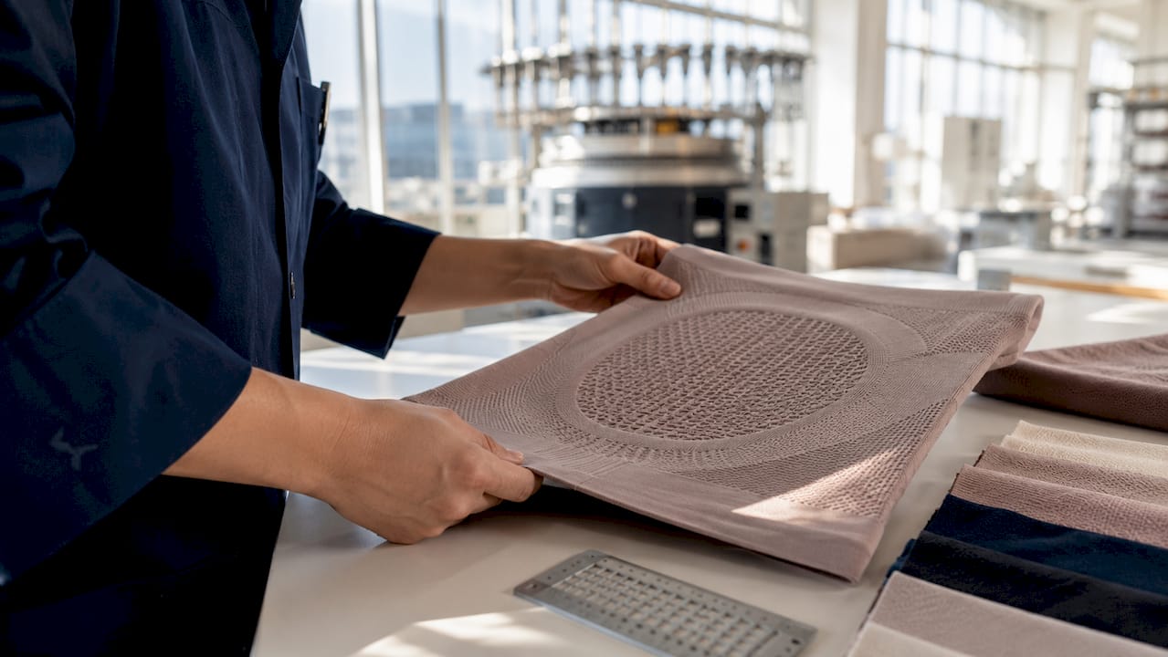 Hands inspecting seamless shapewear fabric quality