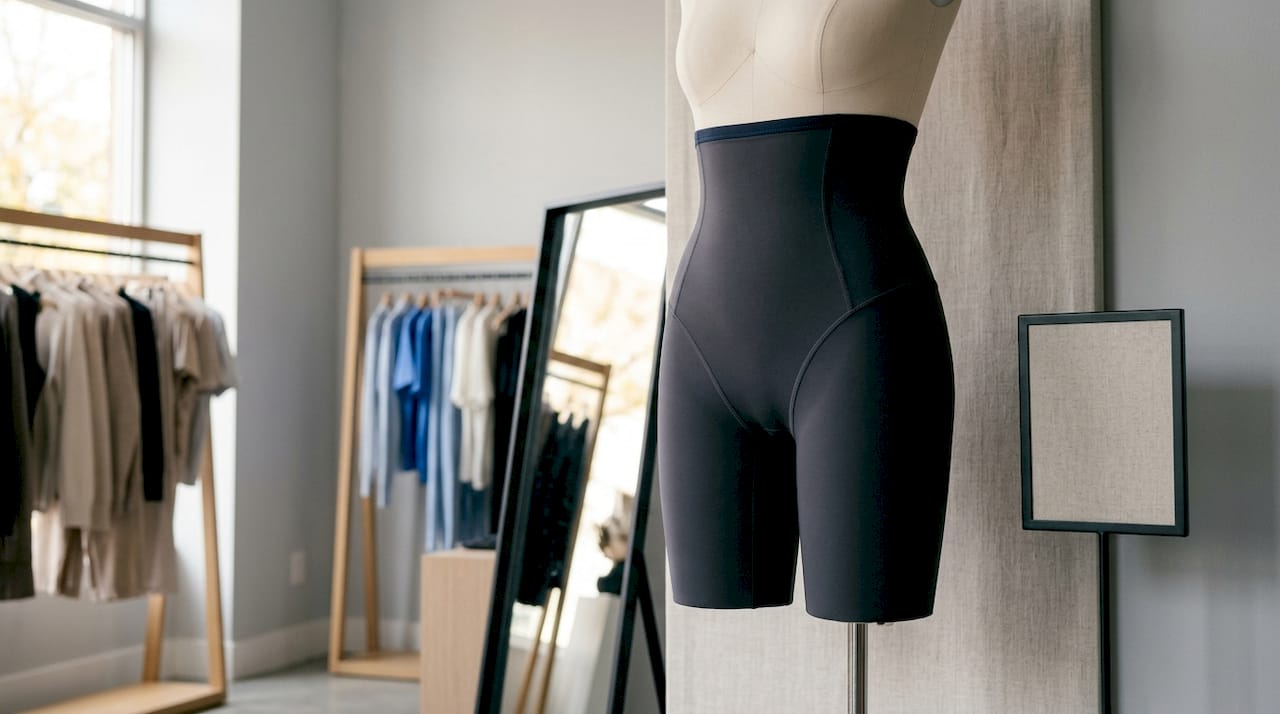 Close-up of flatlock seams on shapewear mannequin