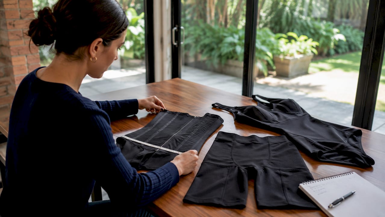 Hands measuring shapewear on fabric laid flat