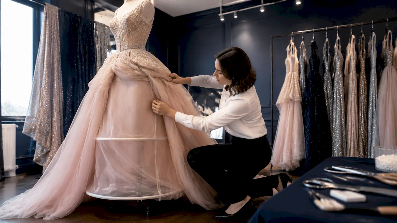 Stylist fitting shapewear on ballgown mannequin