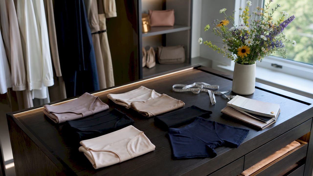 Folded seamless shapewear briefs on dresser