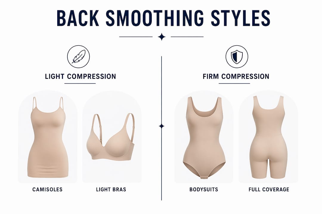 Infographic comparing back smoothing shapewear styles and compression levels