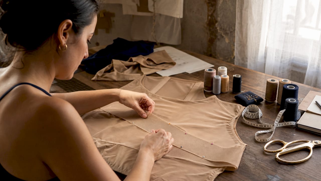 Close-up of hands sewing wide shapewear band