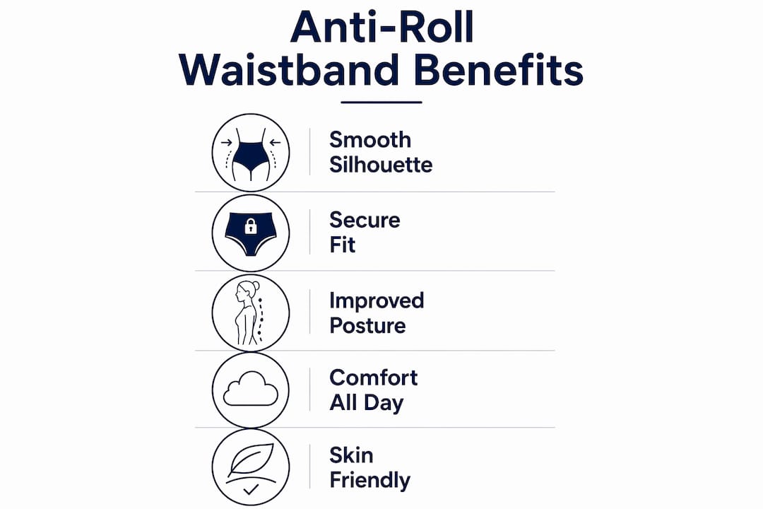 Infographic showing benefits of anti-roll waistband shapewear