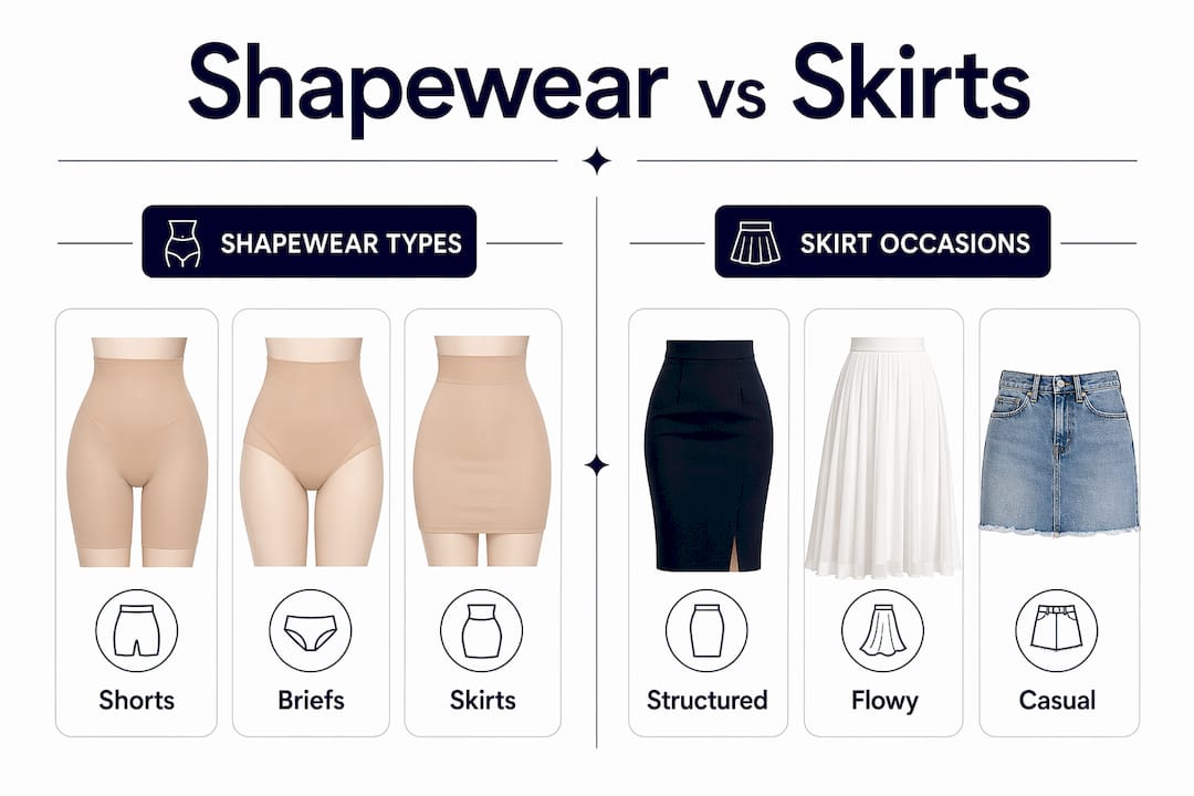Infographic comparing shapewear types and skirt occasions