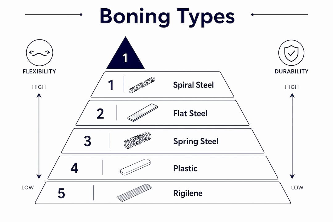 Hierarchy pyramid infographic of shapewear boning types and benefits