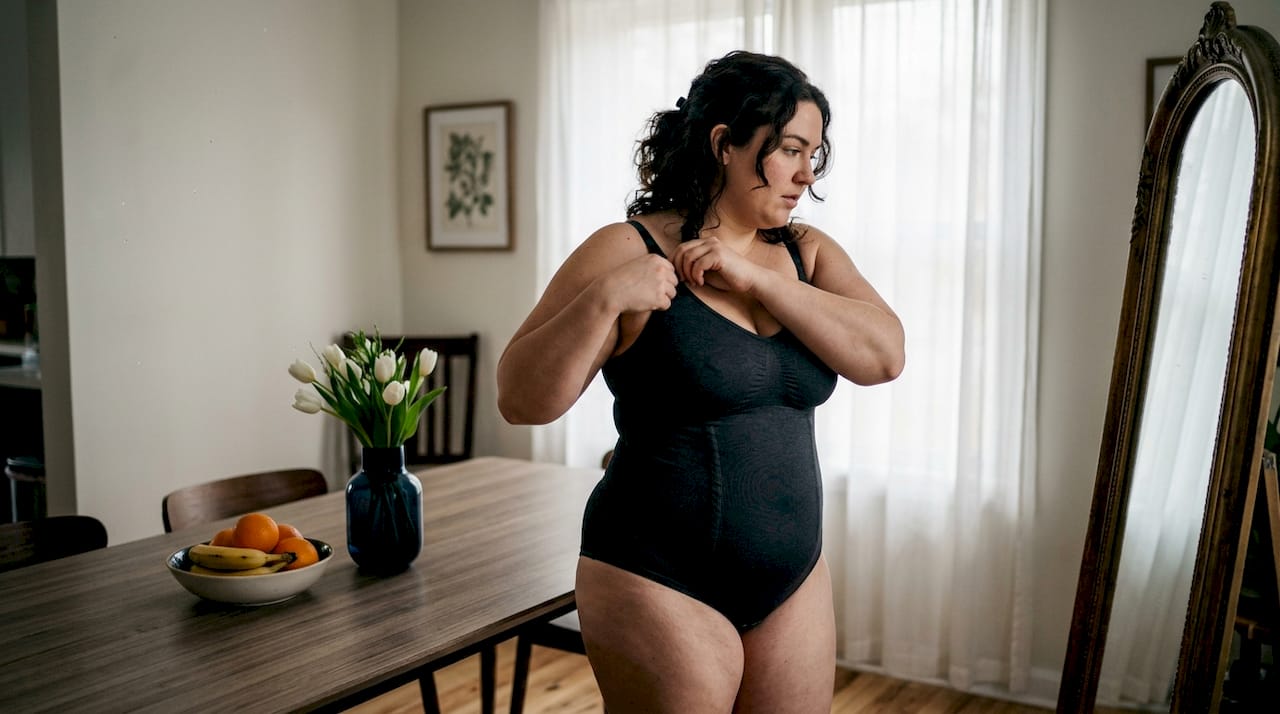 Woman wearing spiraled steel boned shapewear adjusting straps
