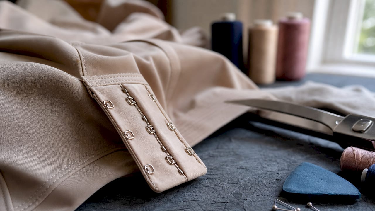 Close-up of hook eye closure on shapewear fabric