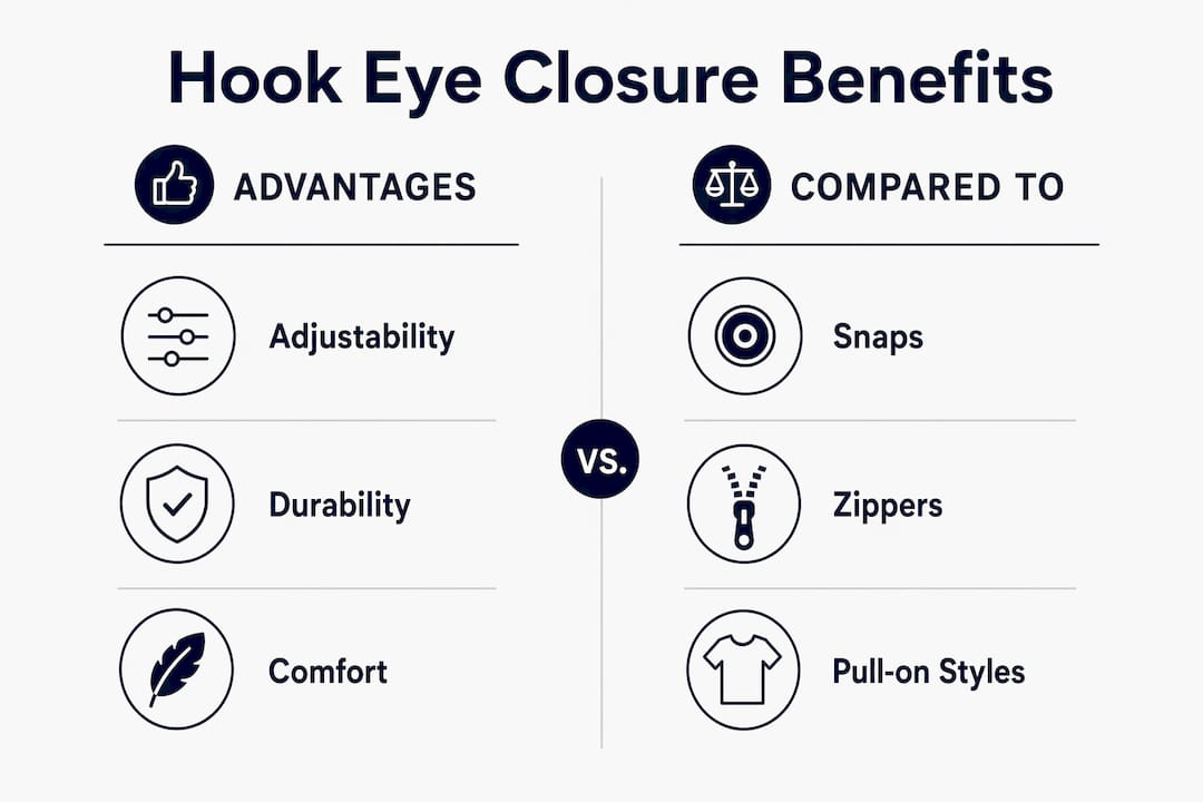 Infographic comparing benefits of hook eye closures versus snaps and zippers in shapewear
