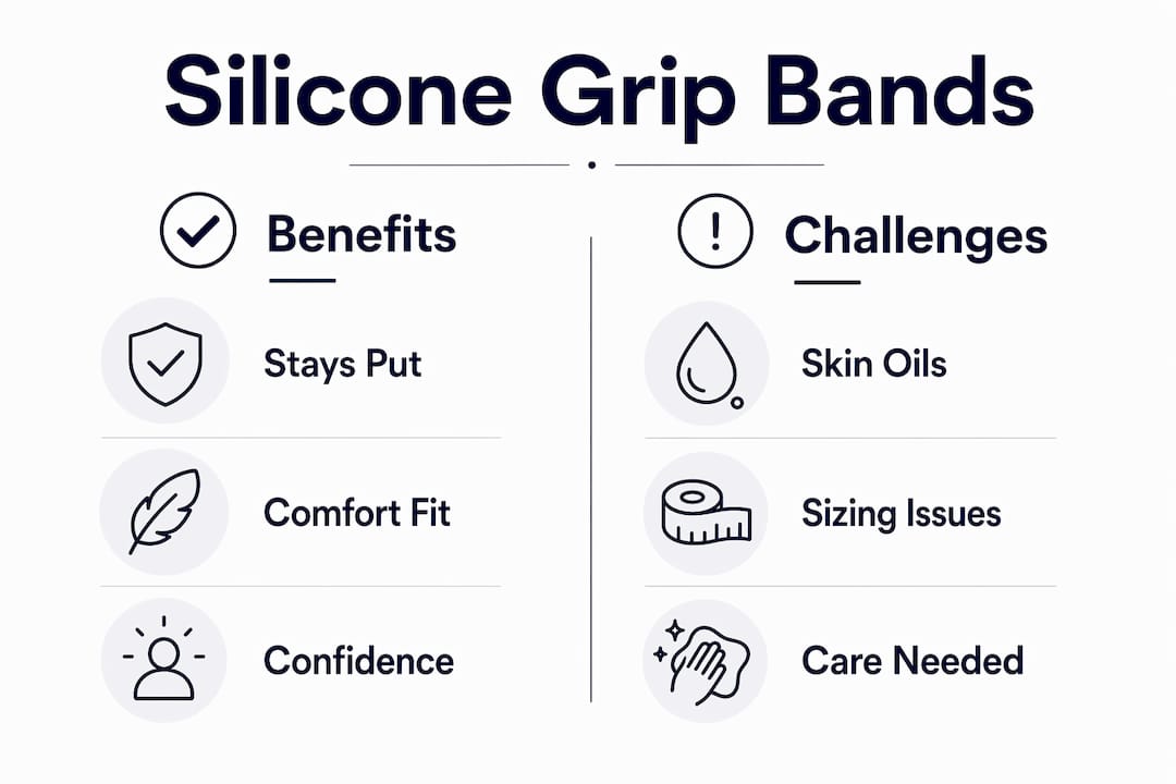 Infographic comparing benefits and challenges of silicone grip bands