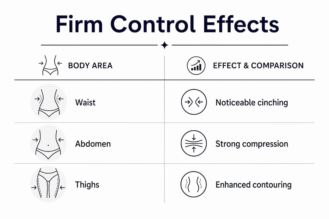 Infographic comparing firm control shapewear effects by body area
