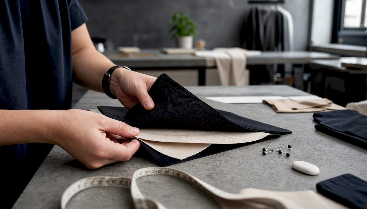 Hands holding multi-layer shapewear fabric samples