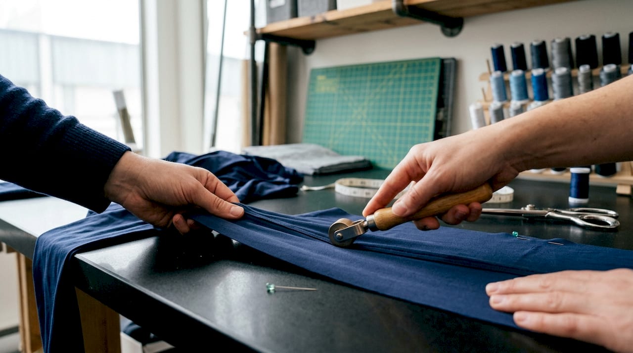 Hands stretching spandex fabric in sewing room