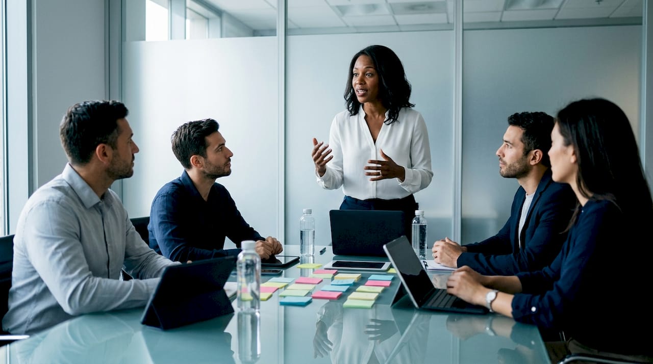 Team discussion led by shaper in meeting room