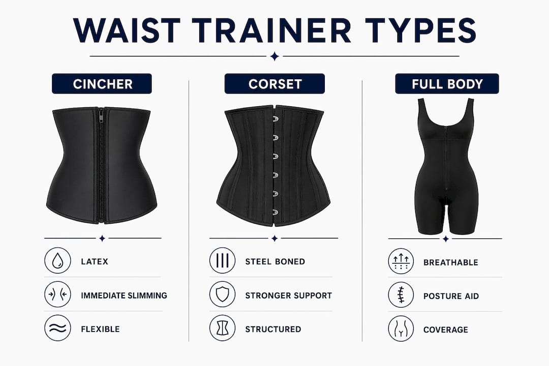 Infographic comparing three types of waist trainers