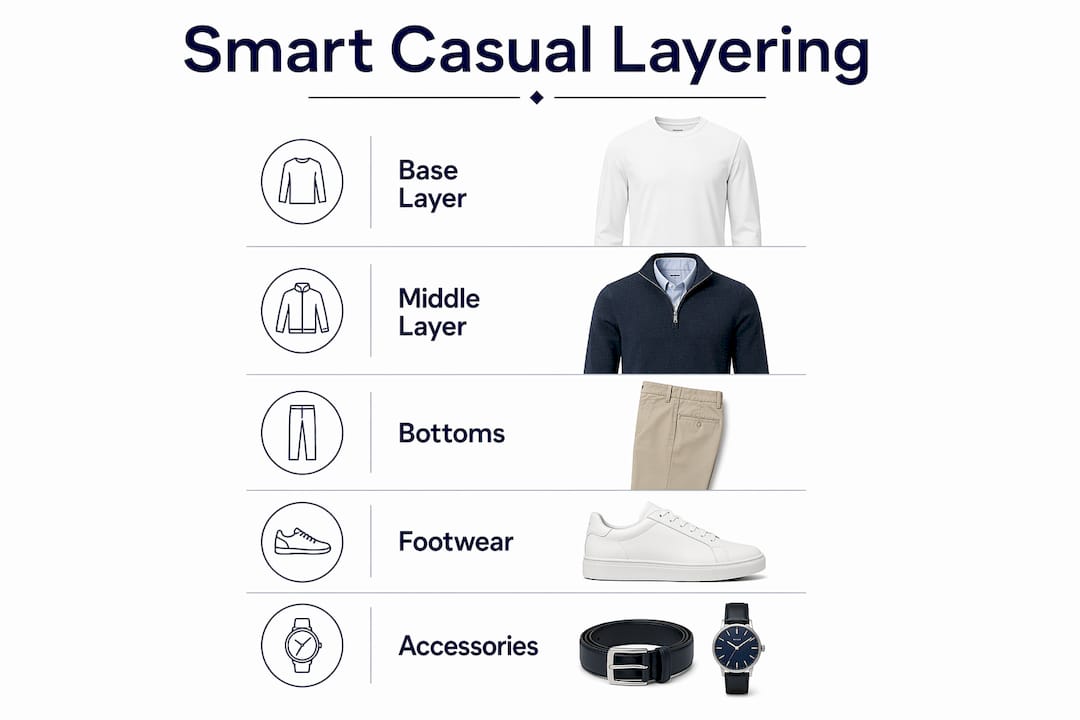 Infographic showing smart casual airport outfit building steps