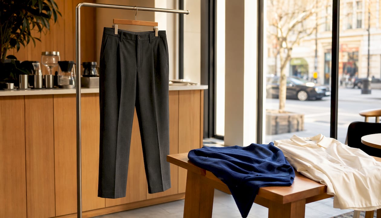 Tailored wrinkle-resistant trousers on chair