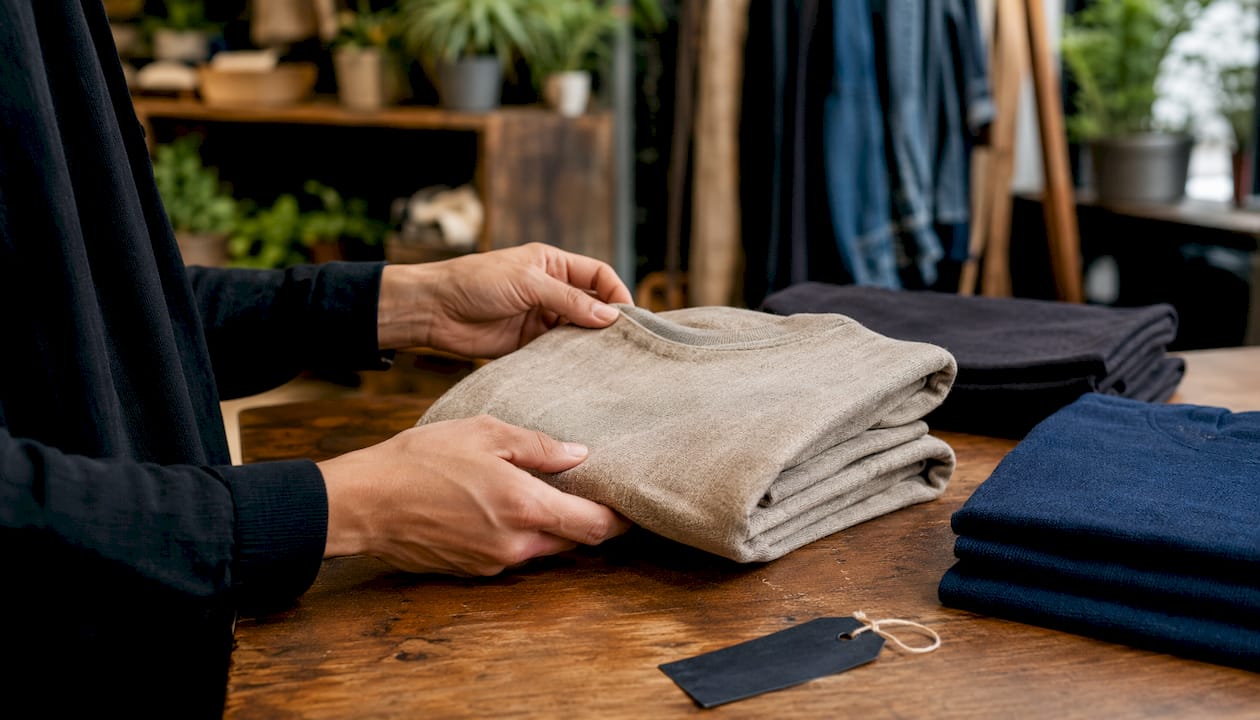 Customer viewing hemp clothing in boutique
