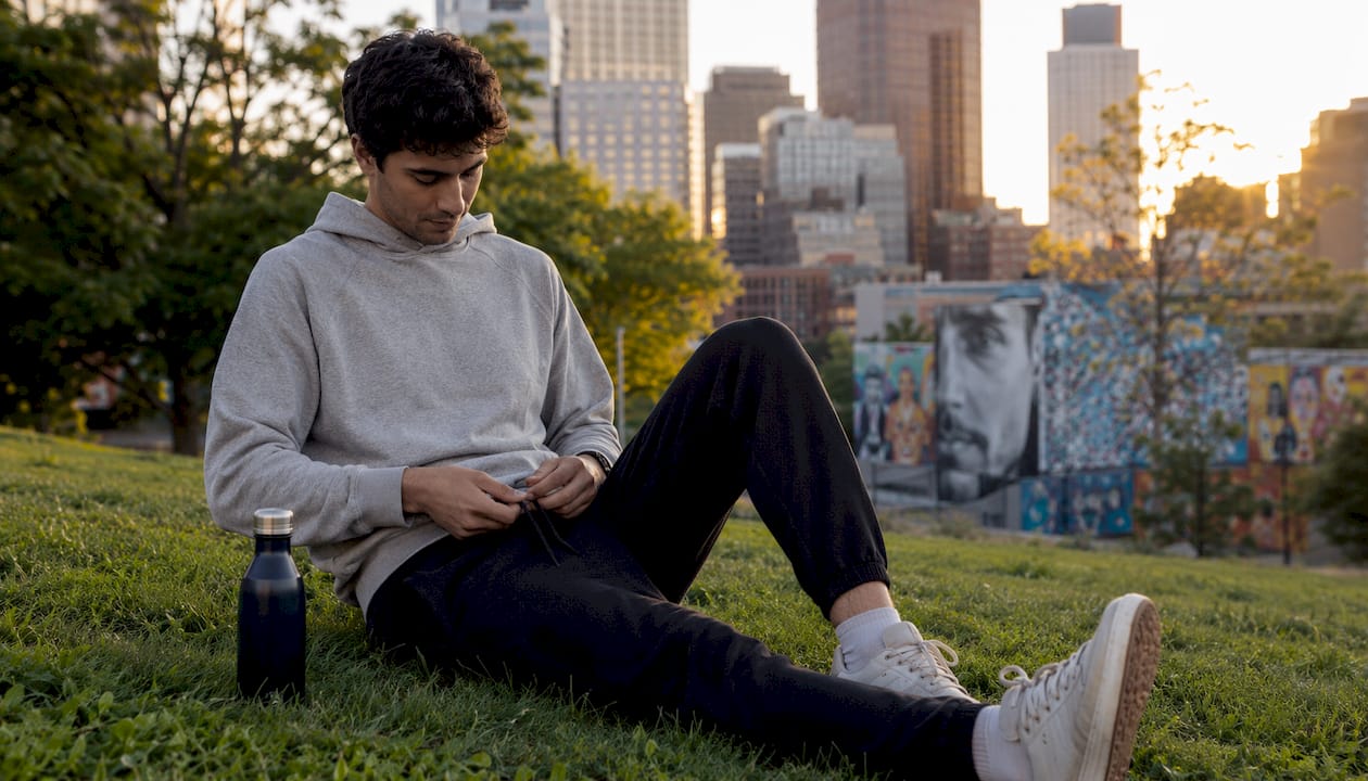 Man outdoors wearing hemp casual clothes