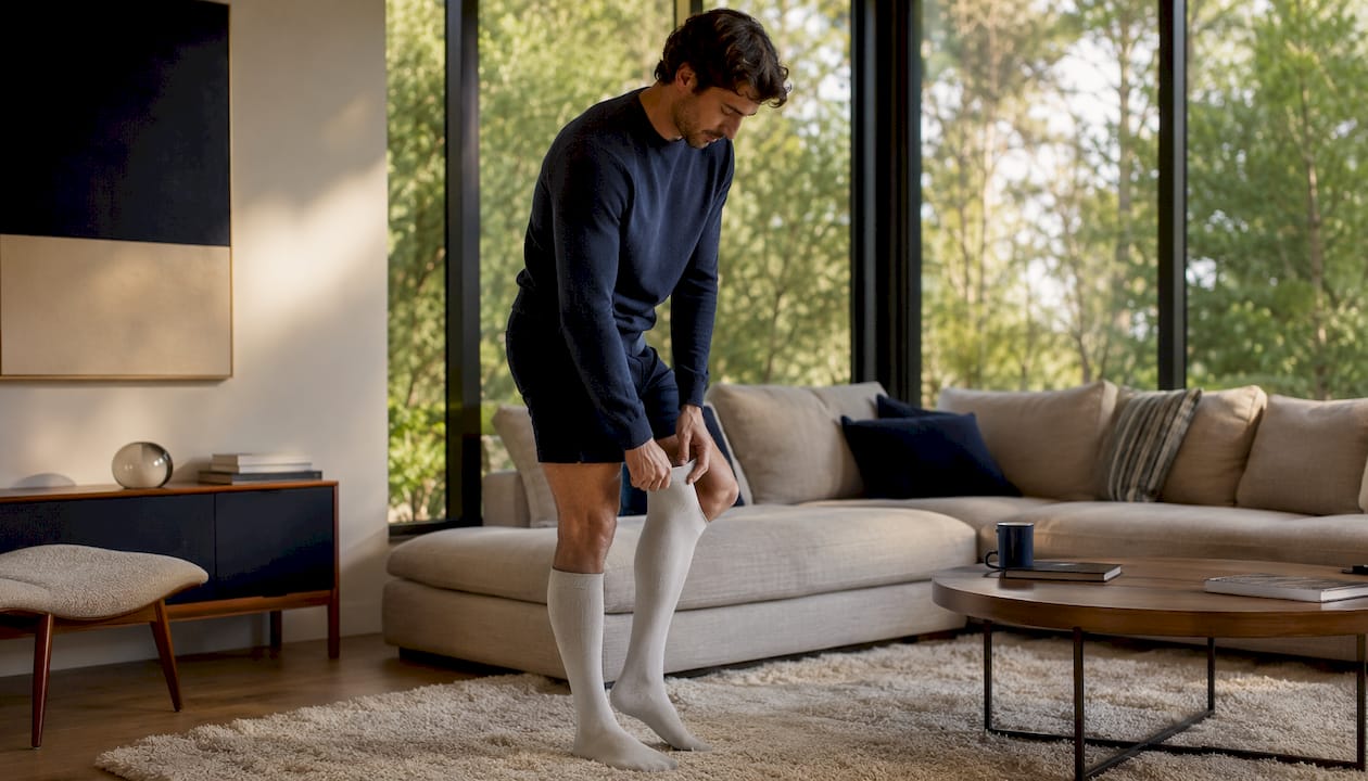Close-up of legs wearing light compression socks