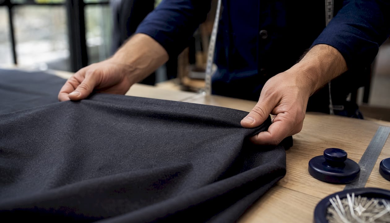 Close-up hands stretching wool-spandex fabric