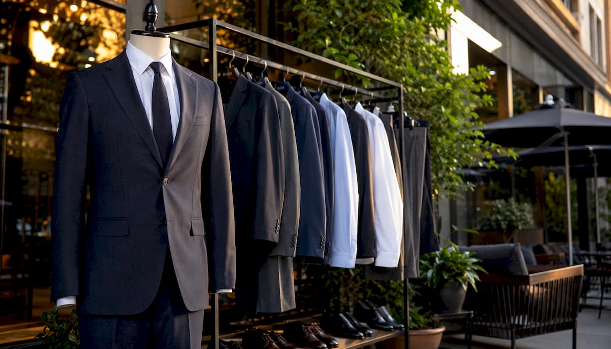Retail display of stretch fabric business suits