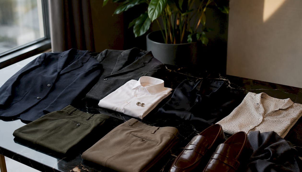 Flat lay of capsule wardrobe for work travel