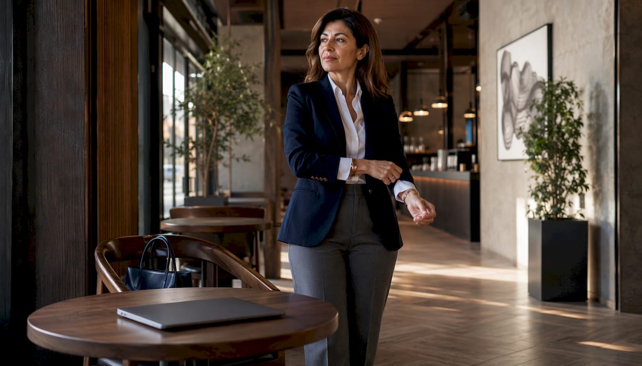 Woman adjusting blazer in modern office