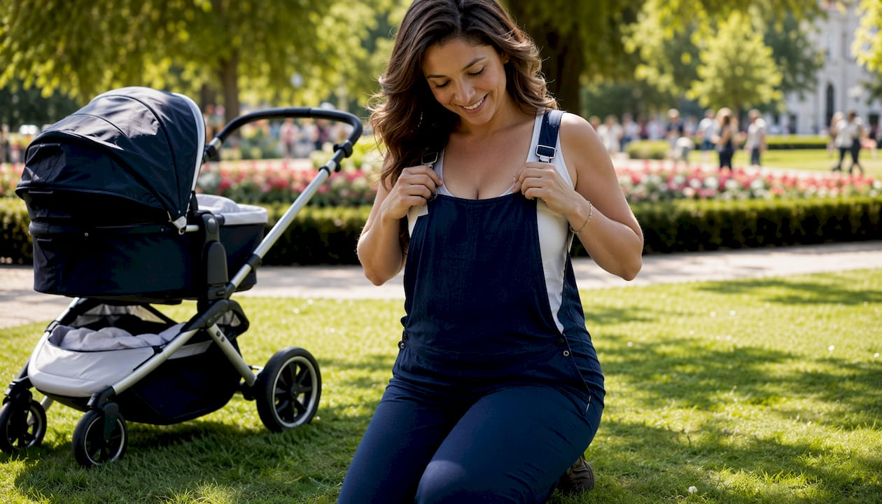 Mother outdoors in nursing wrap dress