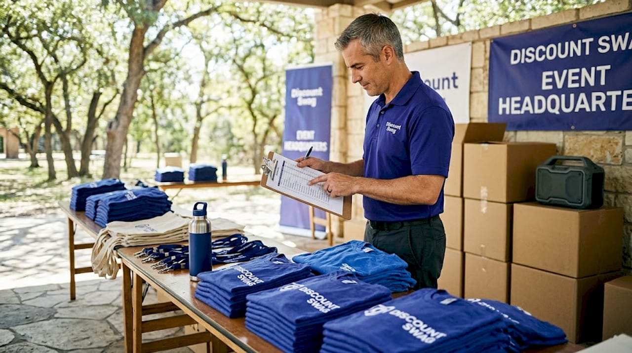 Staff checks branded giveaways in backroom