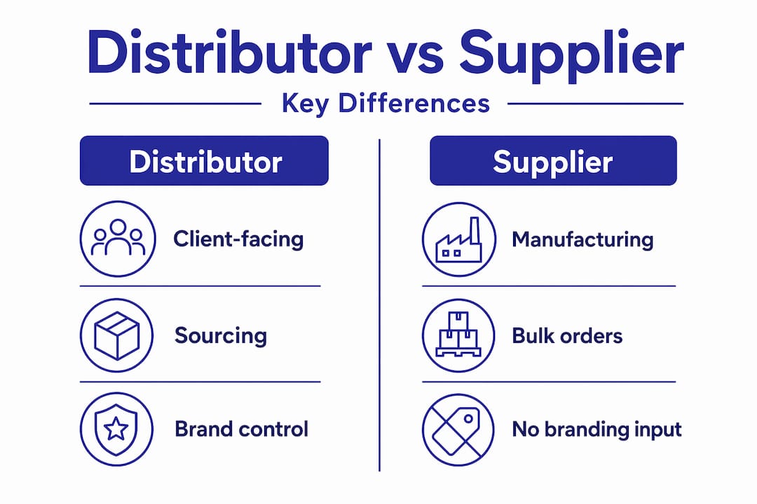 Side-by-side infographic: distributor versus supplier roles