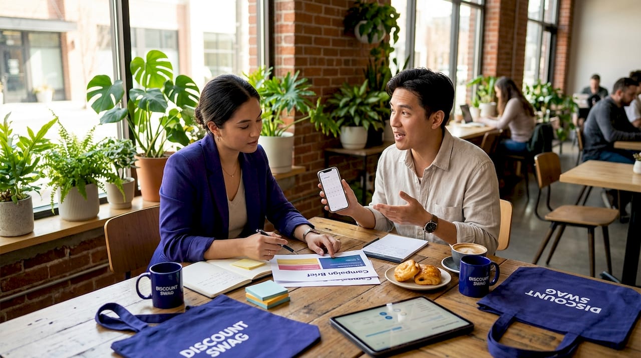 Team discussing promo product campaign at table