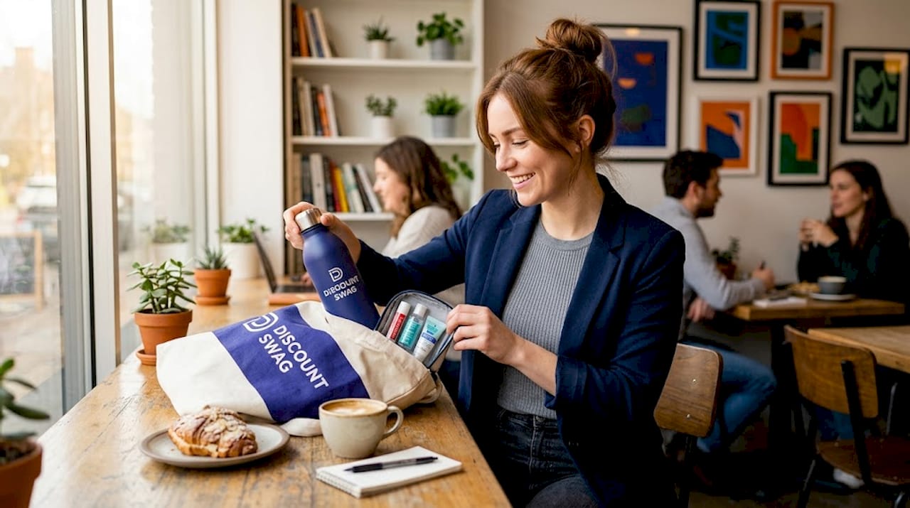 Professional unpacking lifestyle promo items at desk
