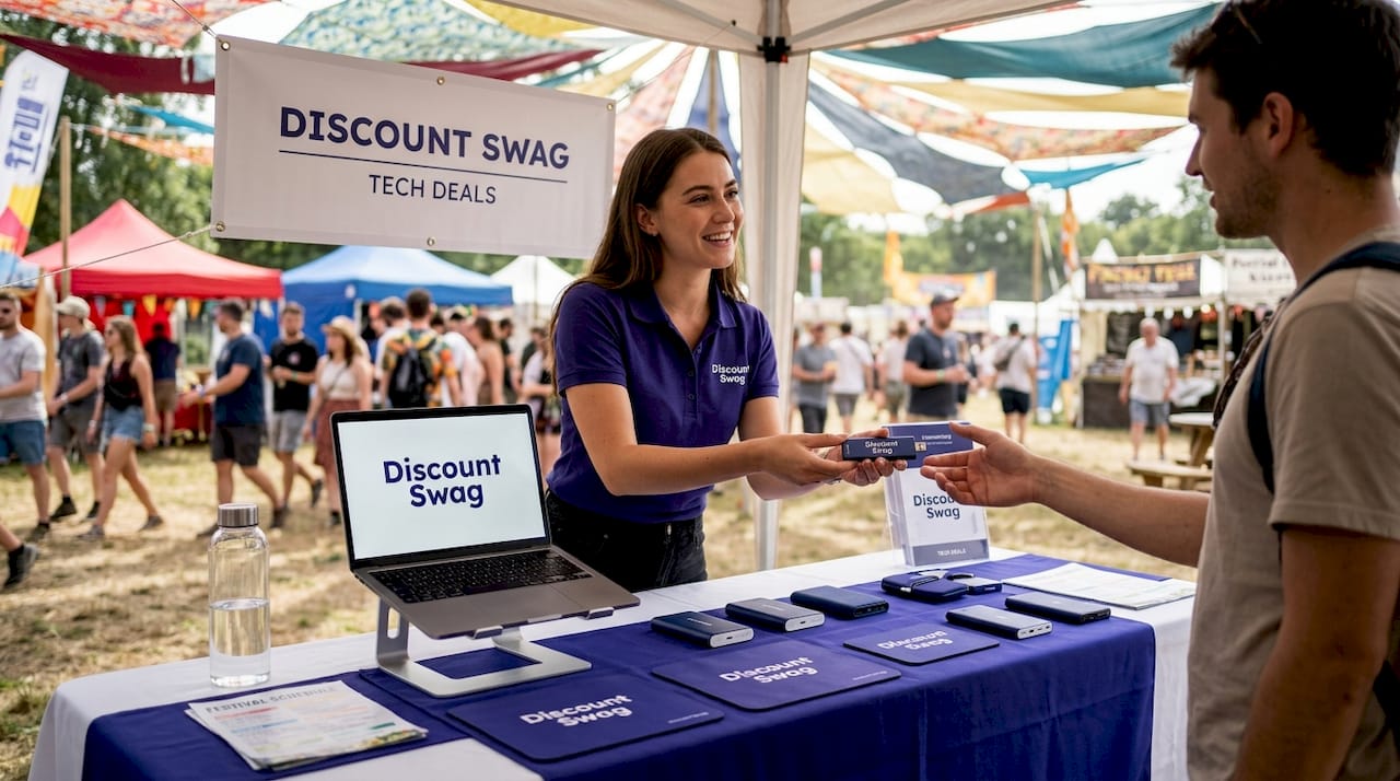 Branded merchandise exchange at tech conference booth