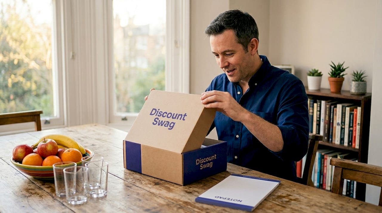 Man opening branded gift at kitchen table