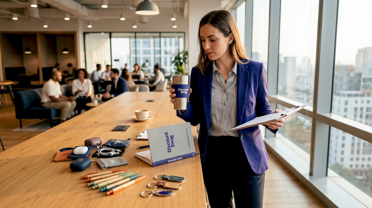 Professional comparing branded promo notebook and mug