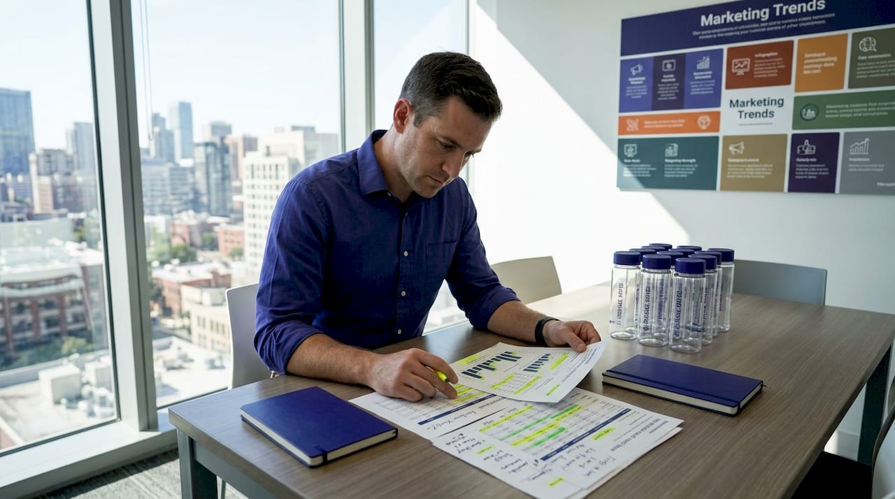 Analyst reviewing promo apparel impression stats