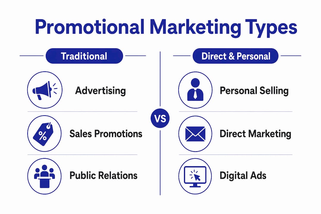 Infographic showing types of promotional marketing in two categories