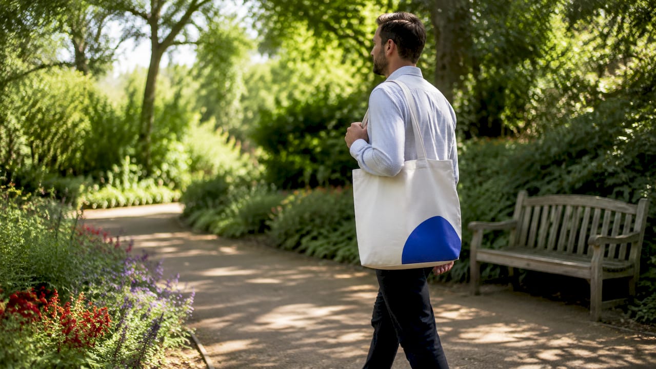 Person carrying branded tote bag outdoors