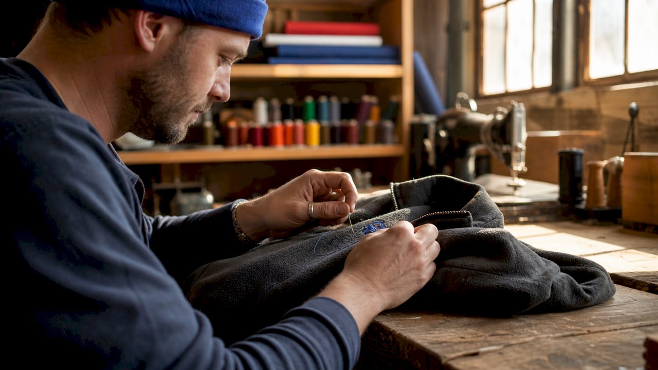 Close-up of hands embroidering premium promotional jacket