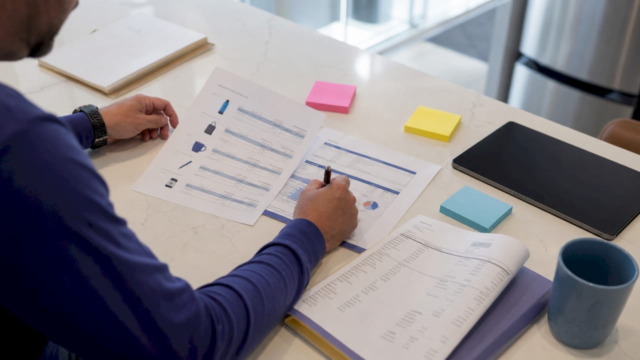 Hands reviewing promotional costs and impressions
