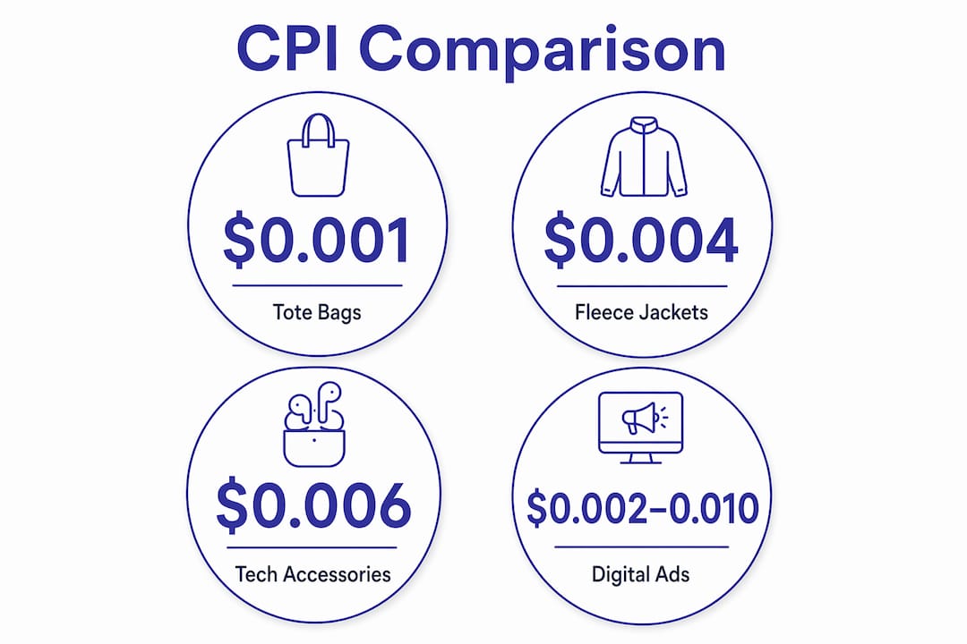 Infographic showing cost per impression comparison for promotional products and digital ads