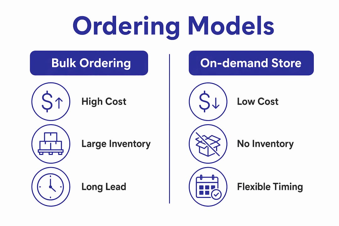 Infographic comparing bulk ordering and on-demand swag stores